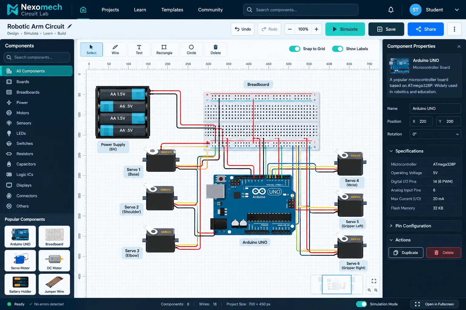 Robotics circuit diagram with Arduino and servo motors