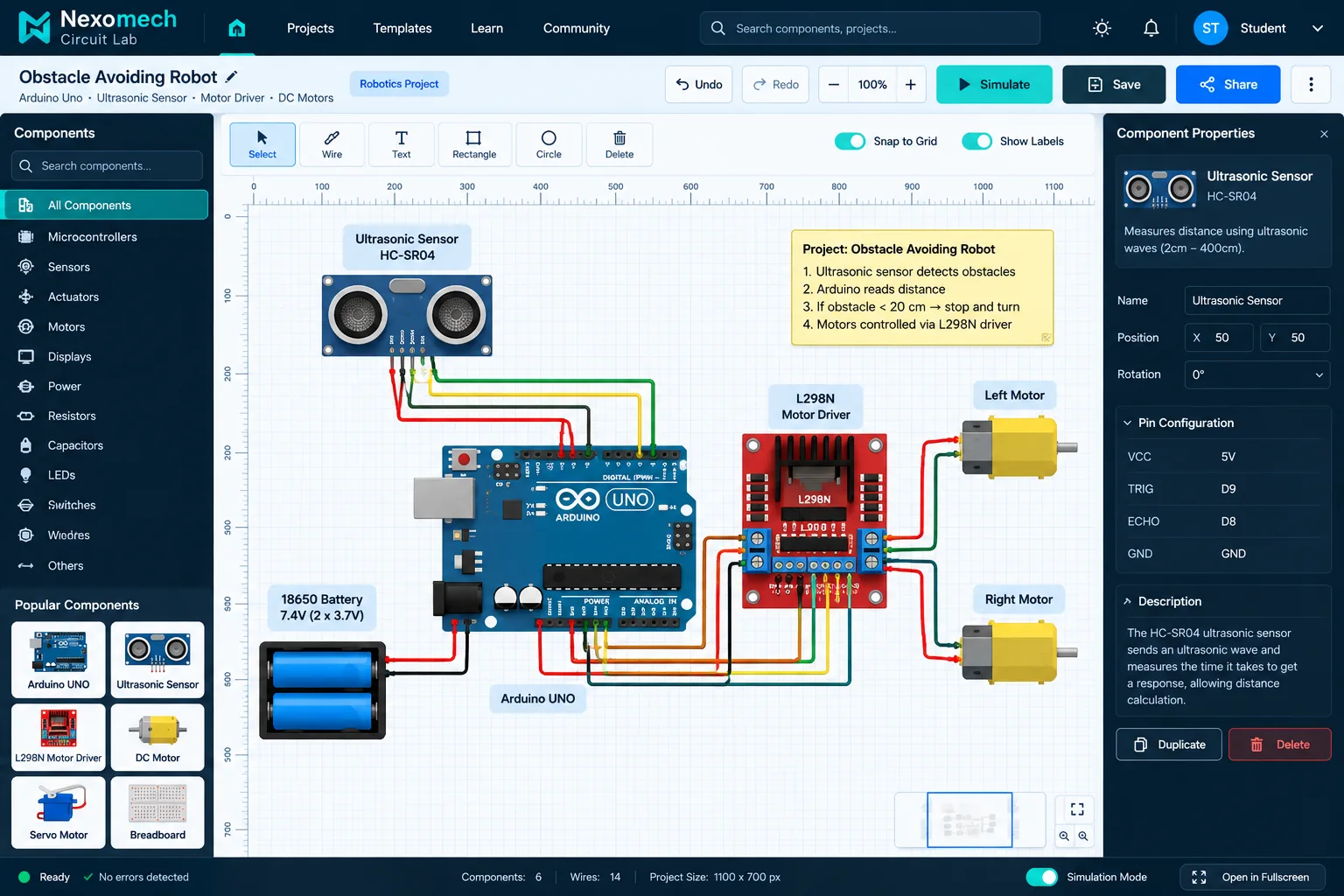Nexomech Circuit Lab obstacle avoiding robot project
