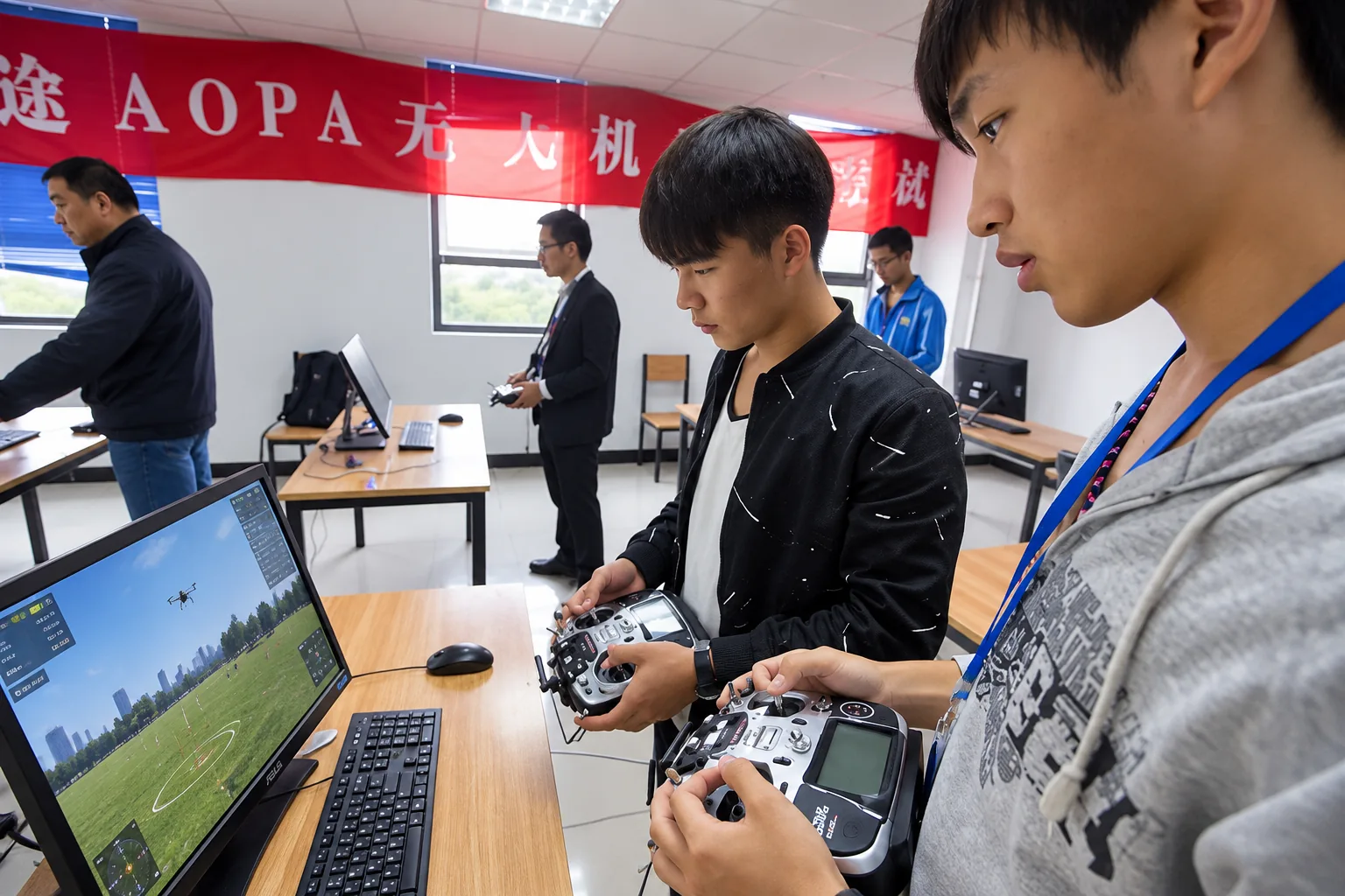 Students practicing drone operation in a robotics training lab