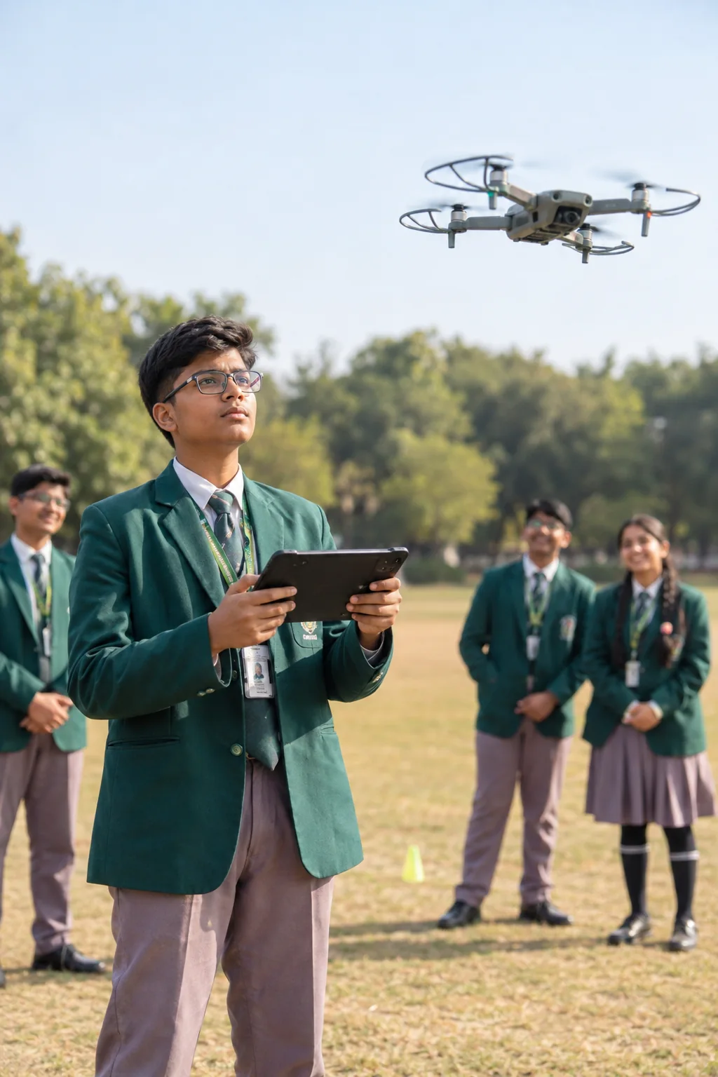 Student operating a drone outdoors during robotics training